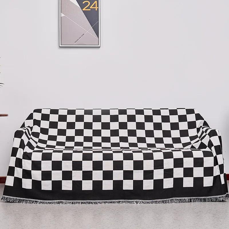 Vintage Checkered Woven Throw Blanket for Sofa Couch Bed Outdoor Camping Picnic Mat Jacquard Bedspread Retro Plaid Tablecloth