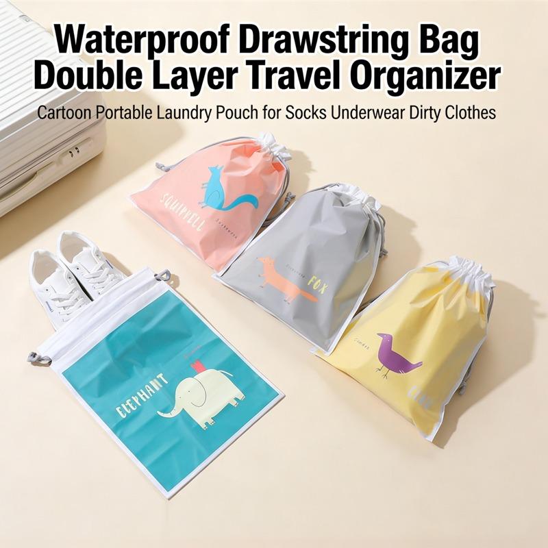 Double Layer Waterproof Drawstring Bag Travel Storage Pouch for Underwear Socks Cute Cartoon Dirty Clothes Laundry Bag 1PC