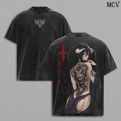 Maglietta Anime Albedo Overlord, T-shirt Vintage Oversize, Maglietta con Grafica Manga Distressed Double Sided, Streetwear Giapponese Unisex
