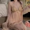 Sweet Mesh Lace Deep V Plus Chest Pad Sexy Backless Large Size Nightdress Robe Home Set