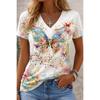 Women's Floral Music Print Vintage T-shirt, V Neck Short Sleeve, Casual Long Tops, Daily Sports Going Out, White
