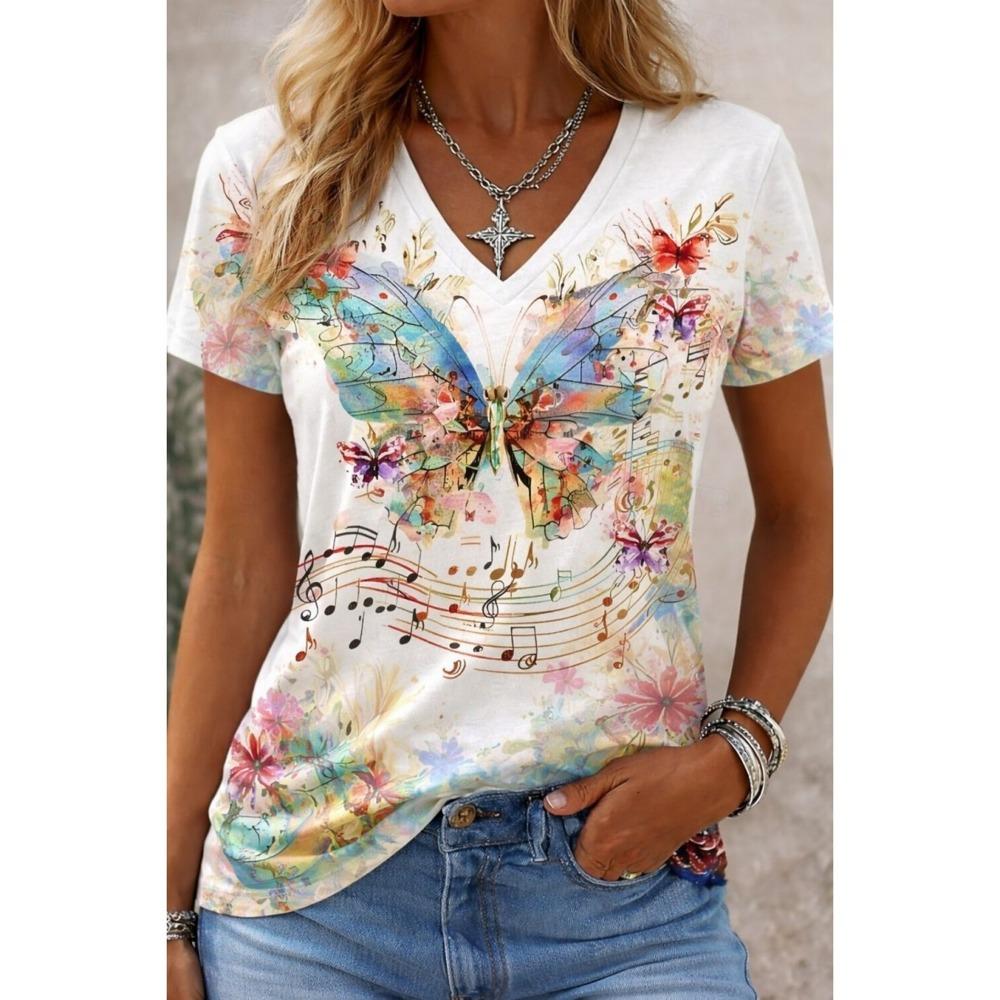 Women's Floral Music Print Vintage T-shirt, V Neck Short Sleeve, Casual Long Tops, Daily Sports Going Out, White