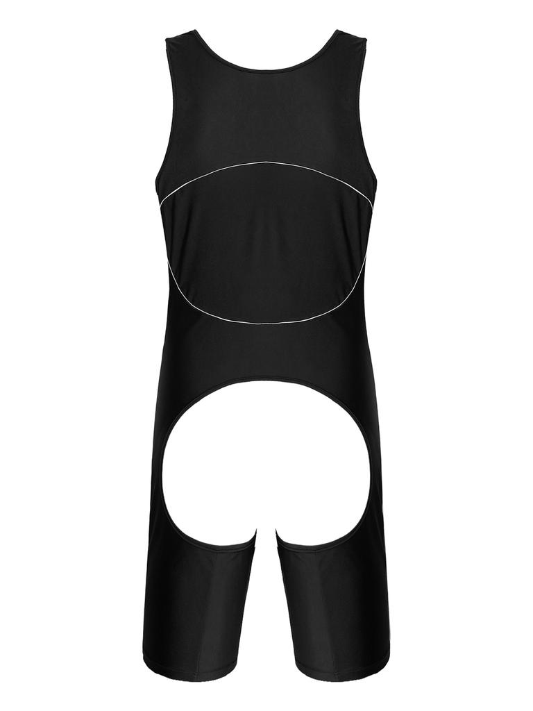 Mens One Piece Bodysuit Open Crotch Design U Neck Sleeveless Jumpsuit Color Block Nightwear Loungewear