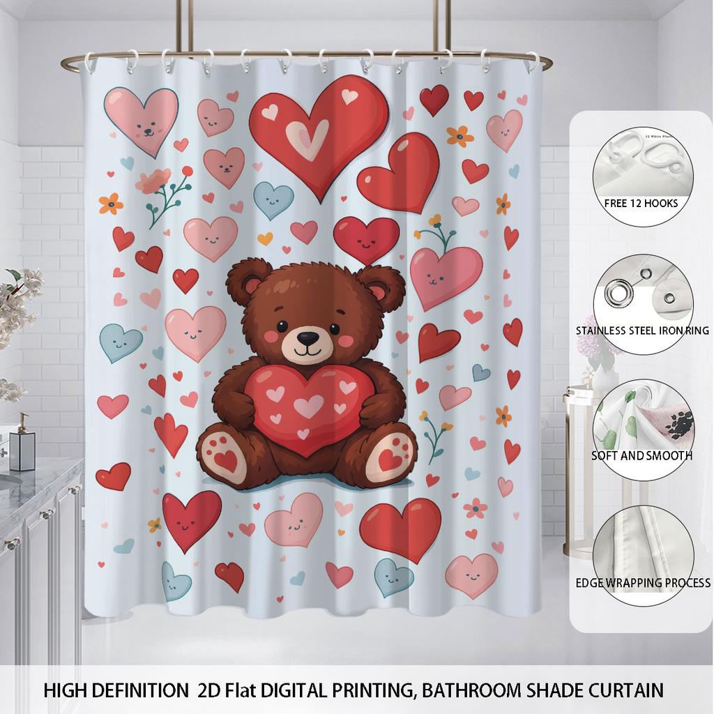 4pcs Valentine's Day Romantic Bear Printed Bathroom Set Waterproof Shower Curtain Floor Mat Toilet Mat U-Shaped Mat