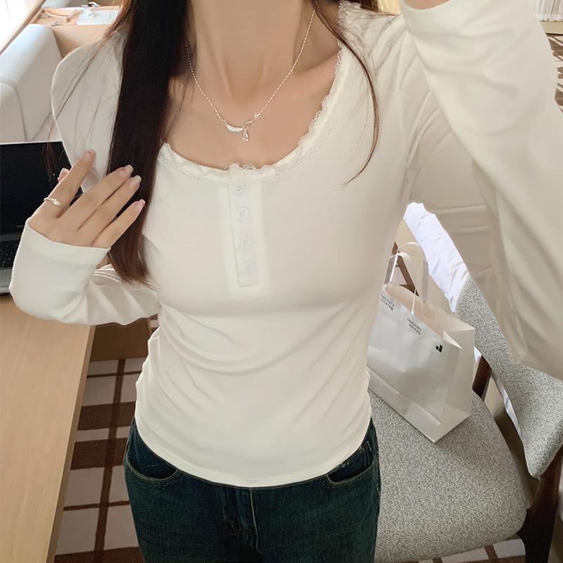 Czyste pragnienie Dekolt U długi rękaw T-shirt wiosna i jesień koronka splicing półotwarty kołnierz koszulka bazowa niski dekolt obojczyk prawe ramię top