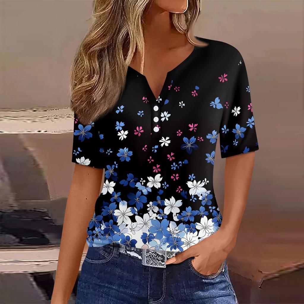 Women's T Shirt Tee Print Button Short Sleeve Tunic Daily Weekend Fashion Basic V- Neck Regular Top
