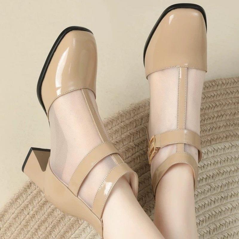 Cool Boots Spring New Square Head Splicing Mesh Metal Buckle Back Zipper Anti-slip Wear-resistant Short Boots