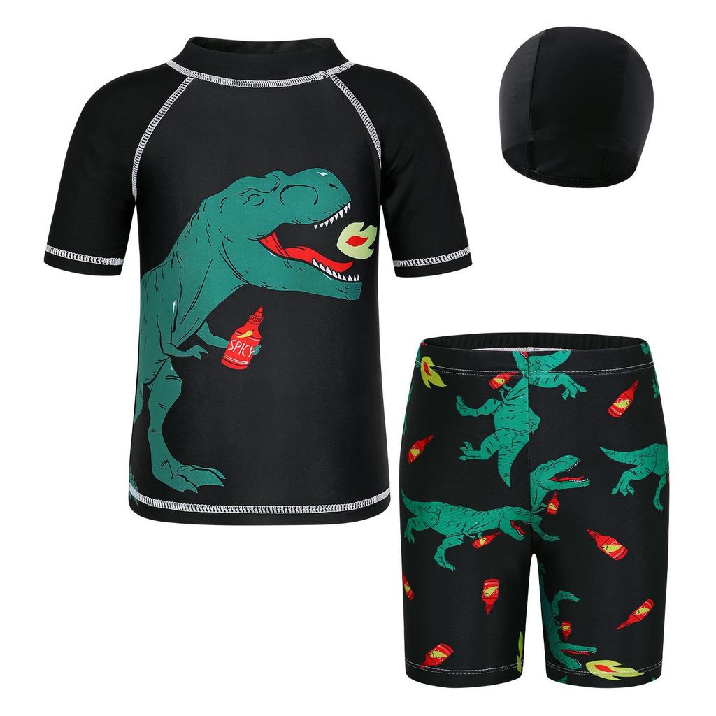 European & American Boys' Dinosaur Print Quick-Dry Sun Protection Swimsuit Set (Swim Shorts + Two Tops)