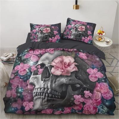 3D-gedruckter Gothic-Totenkopf-Rosen-Mikrofaser-Bettbezug weiche und bequeme 3-teilige Bettwäschegarnitur mit Reißverschluss und 2 Kissenbezügen