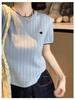 Chic Color Block Crew Neck Short Sleeve Knitted T-Shirt for Women - Preppy Style Summer 2025