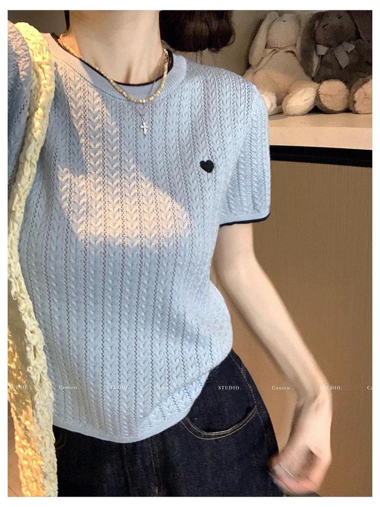 Chic Color Block Crew Neck Short Sleeve Knitted T-Shirt for Women - Preppy Style Summer 2025