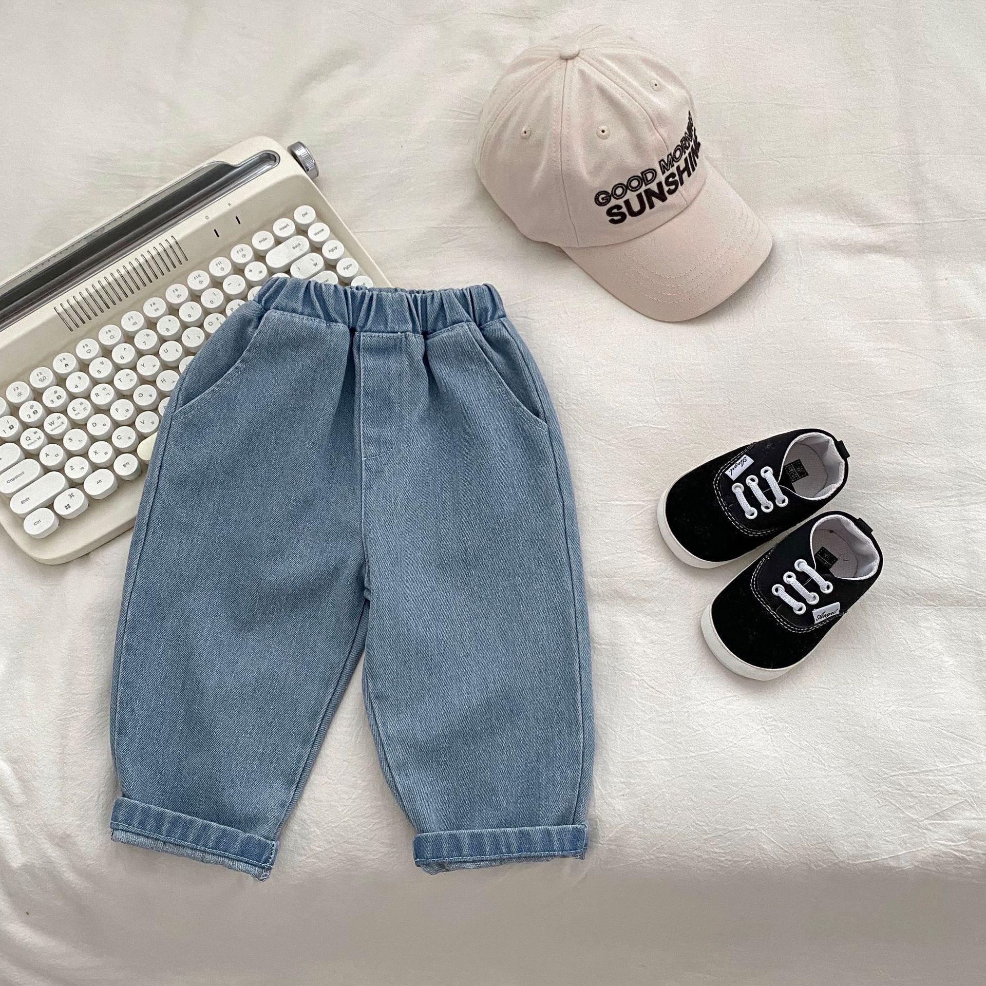 

1-7 лет Детские брюки Однотонные Детские джинсы Повседневные Джинсовые брюки для мальчиков Мягкие Модные брюки для девочек 73cm синий