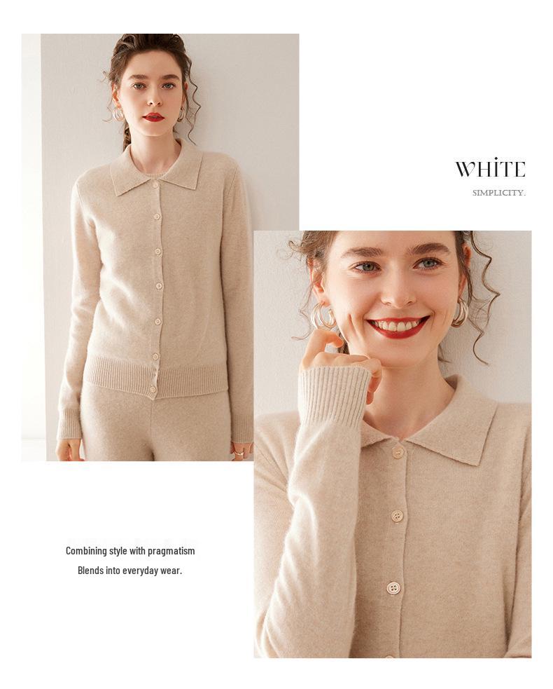 Women's Cashmere Polo Neck Sweater – Long Sleeve, Soft, Loose, Comfortable, Versatile, Solid Color.