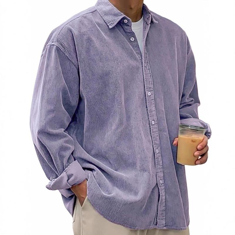 Men's Casual Loose-Fit Solid-Color Corduroy Collared Shirt
