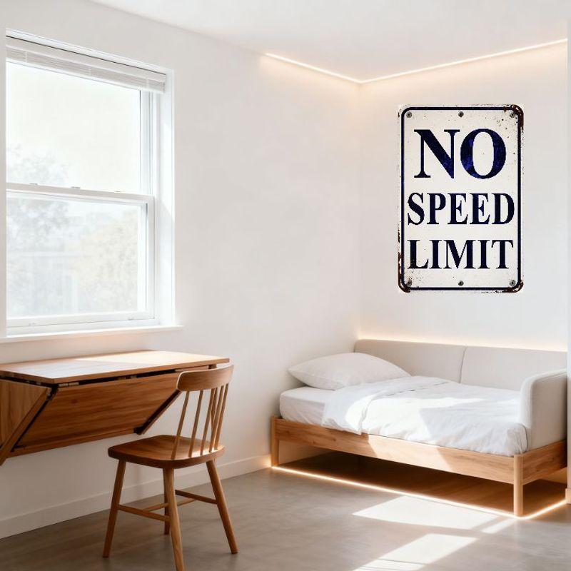 Vintage 'NO SPEED LIMIT' Metal Tin Sign with Rustic Blue Border - Retro Warning Sign for Man Cave, Bar, Home, Café Decor - Weath