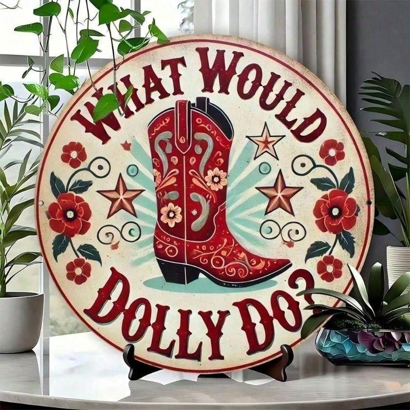 Vintage Red Cowboy Boots Metal Poster Wall Art, Round 8x8 Inch Gift for Dolly Parton Fans