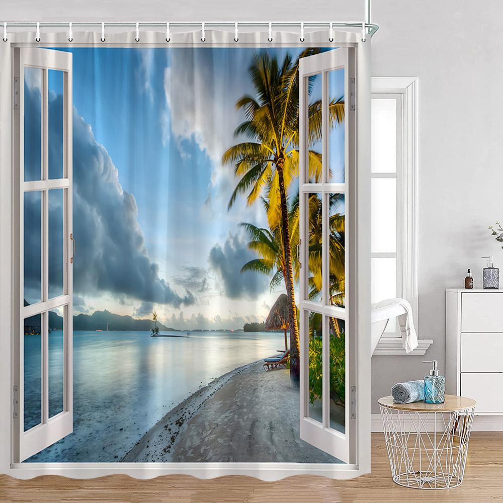 Coastal Shower Curtain Open Window View Of The Sky Clouds Rising Sun Seascape Grass Morning Scenery Bathroom Decor Set With Hook