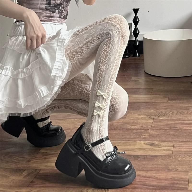 Lolita Lace Love Pattern Stockings Women's Summer Thin Japanese Pure Desire Cute Bow Mesh Pantyhose