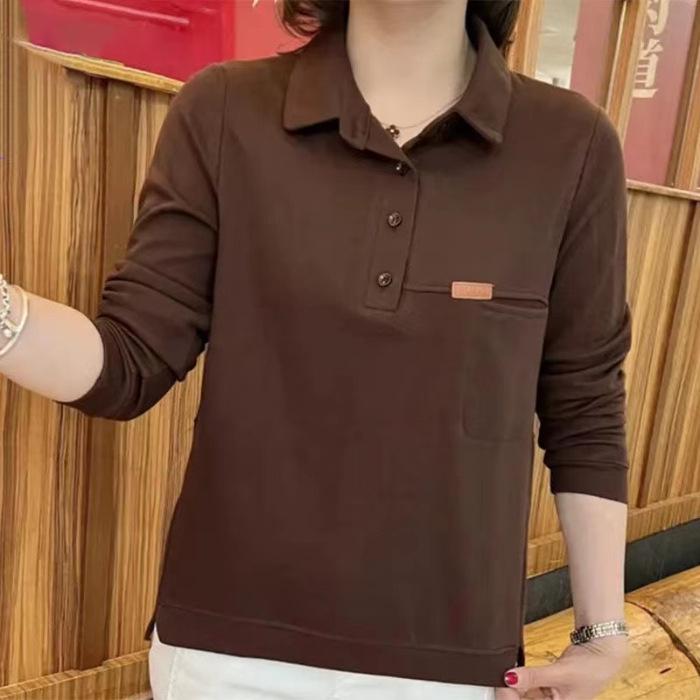 Women's Lapel Sweatshirt: Loose, Belly-Covering, Long-Sleeved Top for Mid-Aged Mothers, Perfect for Spring and Autumn Casual Wear.