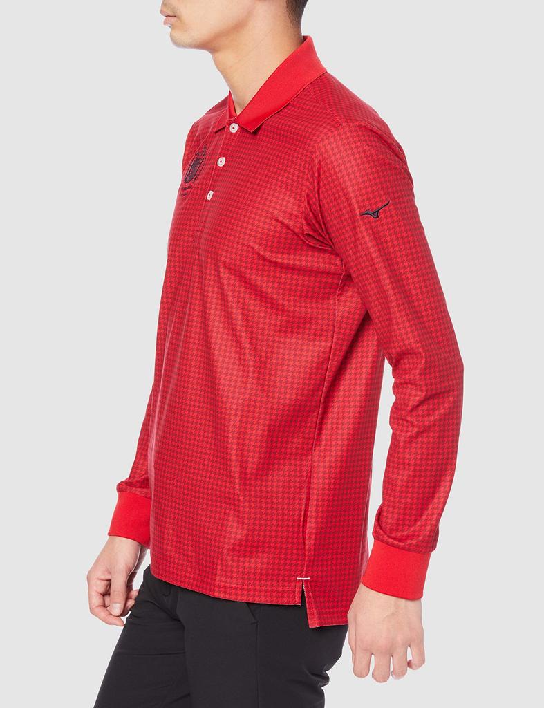 Mizuno Golf Polo Long Pique Houndstooth Size L Men's Shirt, Sleeve, Stretch, Print, Red, (52MA0530)