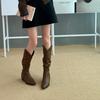 2025 new soft leather tall pleated thick heel female knight but knee small women's boots