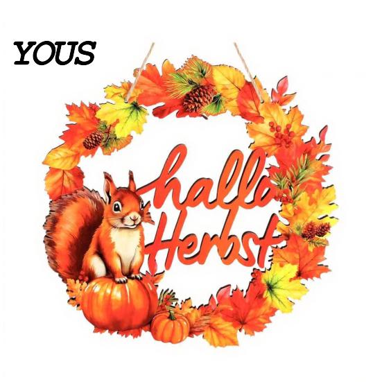 Country Style Porch Sign Autumn Harvest Wooden Wreath Pendant, Front Door Hanging Ornaments with Hemp Rope, Natural Wood Pastoral Decor Pumpkins Maple