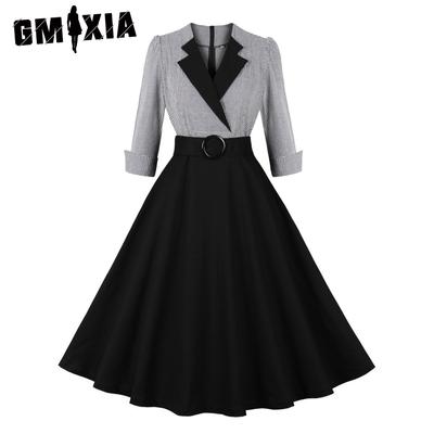 Hepburn Style Sub Cut Schwarze Taille Taille Sieben-Punkt-Ärmel Vintage Elegantes Swing Damenkleid Baumwolle