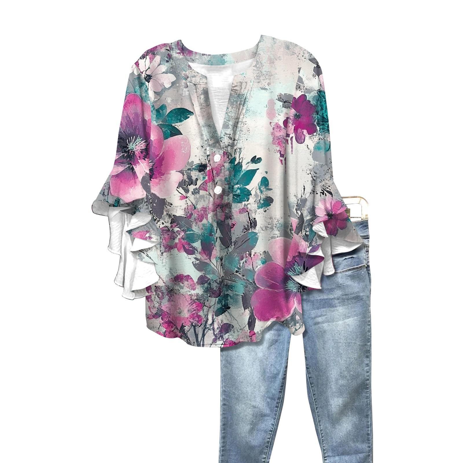 

Summer Women s Tops V Neck Three Quarter Sleeve Shirt Vintage Floral Print Tops Casual Shirts L тёмно-синий