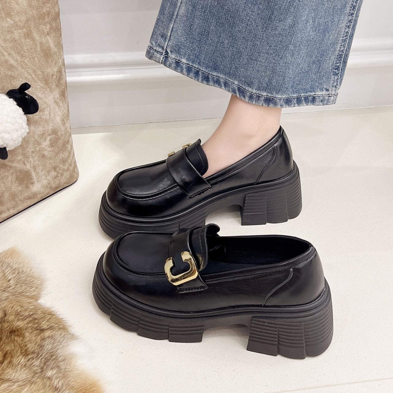 

thick-soled thick-heeled black women s autumn new retro one-pedal Mary Jane small leather shoes 40