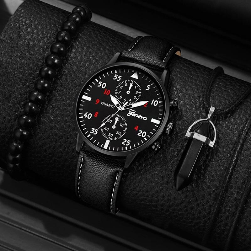 Black Skull Dial Quartz Watch & Bracelet Set (3-Piece)