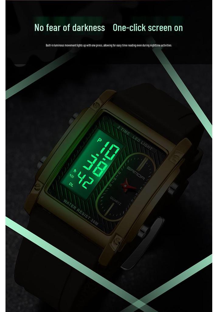 Sanda Men's Dual Display Luminous Waterproof Wristwatch - Alarm Clock Business Fashion Square Design