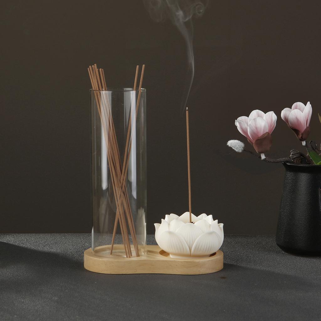 2 In 1 Incense Holder for Sticks Ceramic Lotus Incense Burne with Removable Glass D Incense Sticks Organizer for Yoga Home Decor