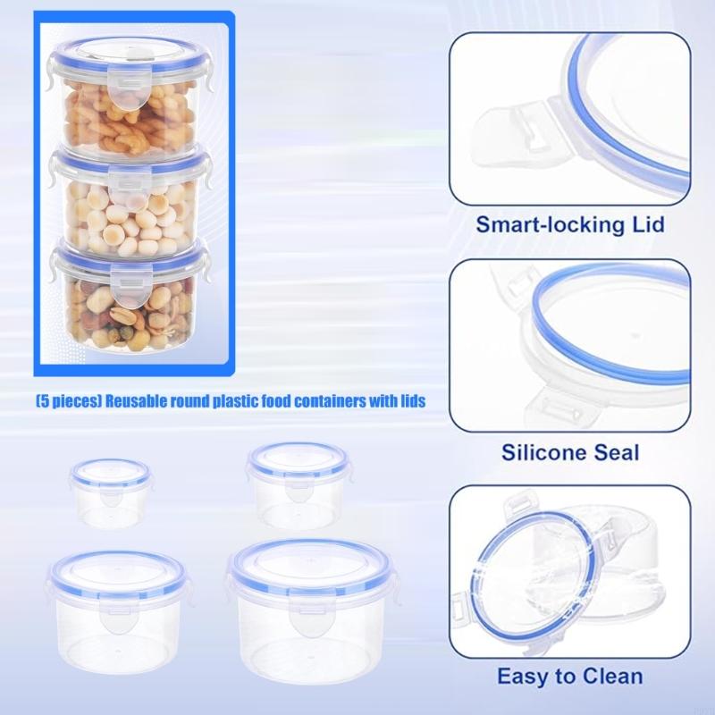 Round Plastic Storage Container With Lids For Kitchen And Freezer Safe Use P9YB