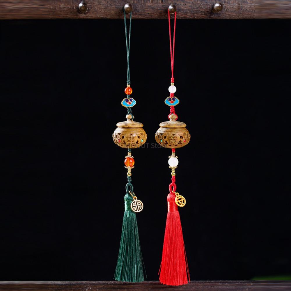 Green Ebony Wood Hollow Out Engraved Miniatures Incense Bag Portable Perfume Pendant Mobile Phone Decorative Wooden Accessorie