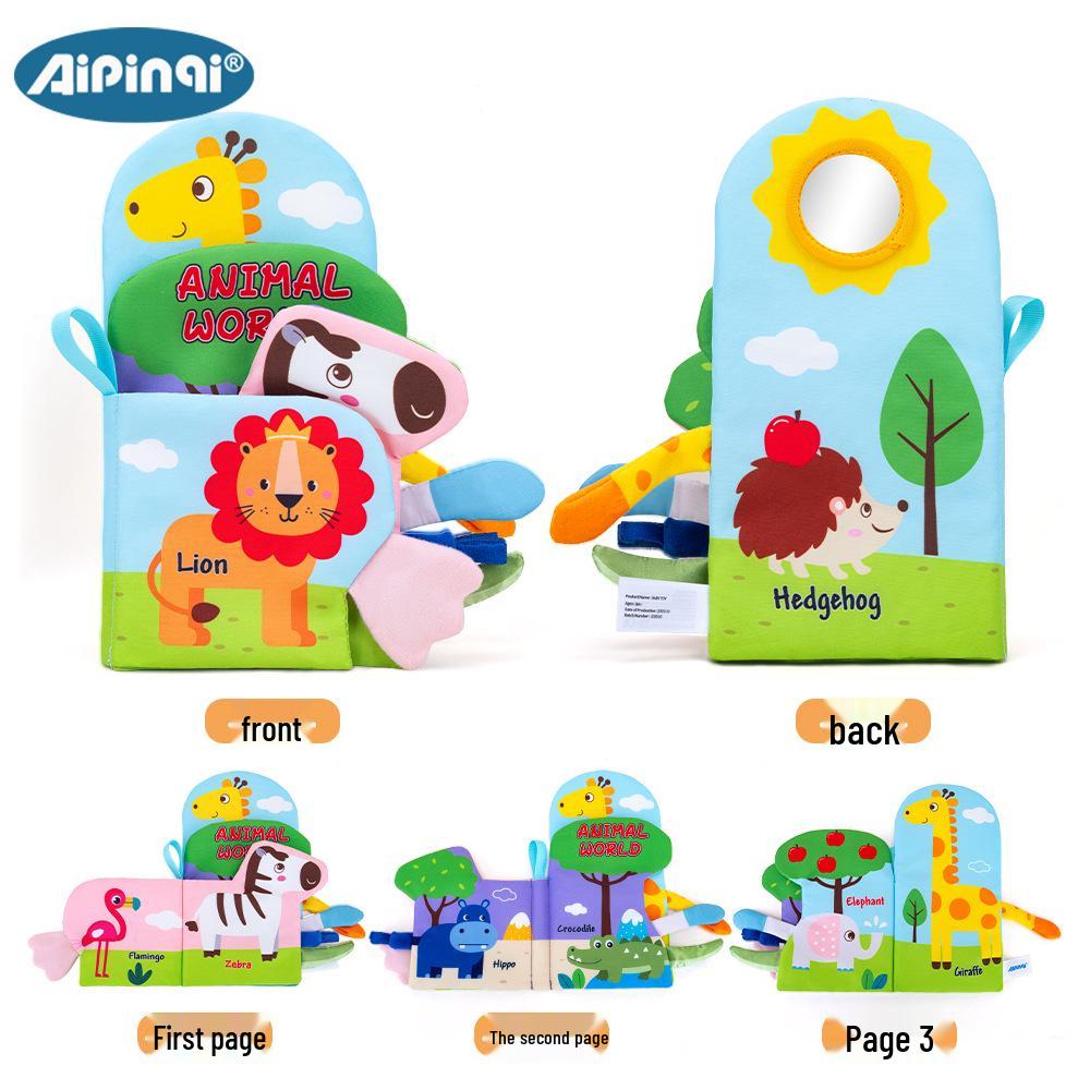 Animal-Shaped Baby Cloth Book with Crinkle Pages, Mirror, and 3D Tails - Tear-Resistant Touch & Feel Toy