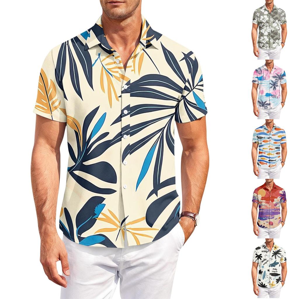 Mens Short Sleeve Collared Shirt with Beach Print Casual Button Down Lightweight Summer Outdoor Top