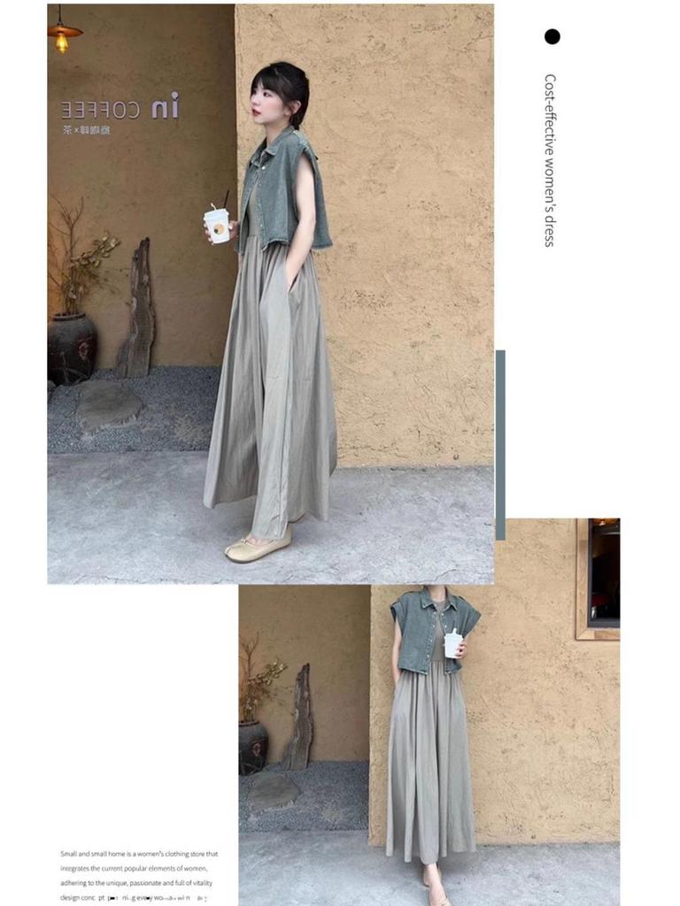Tea-Toned Summer Chic: Salt-Style Denim Jacket & Dress Set - Trendy, Youthful, and Elegant.