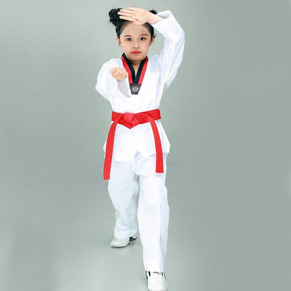 Fashion White TKD Costumes Cotton V-neck Taekwondo Uniforms Breathable Long Sleeve WTF Karate Uniform Boys Girls