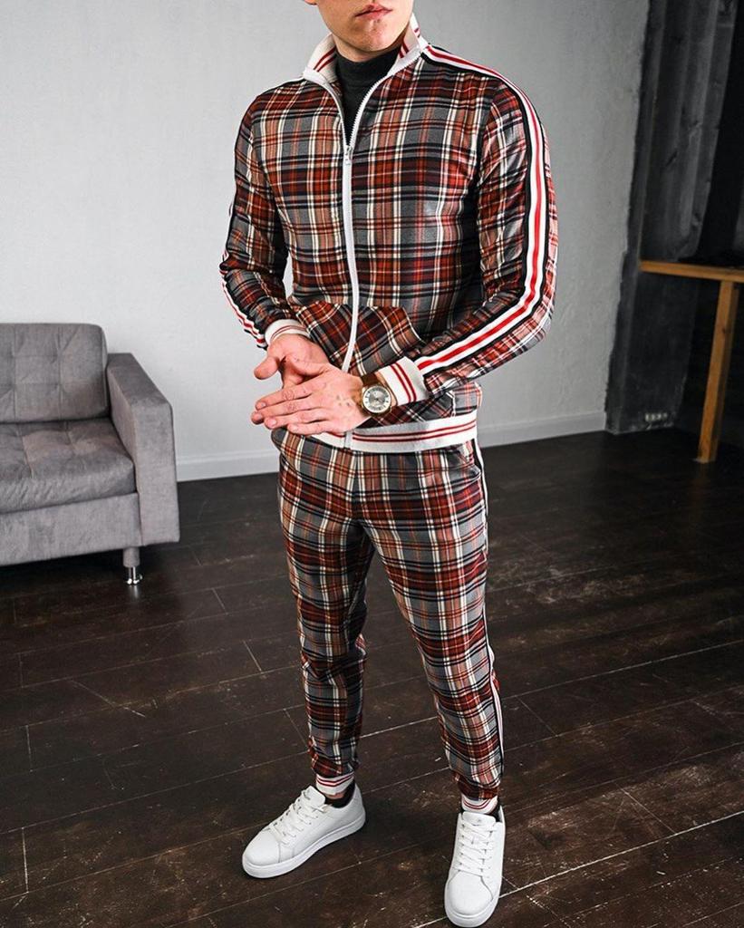 Autumn Men's Casual Plaid Sport Suit: Zip-Up Jacket & Long Pants Two-Piece Set