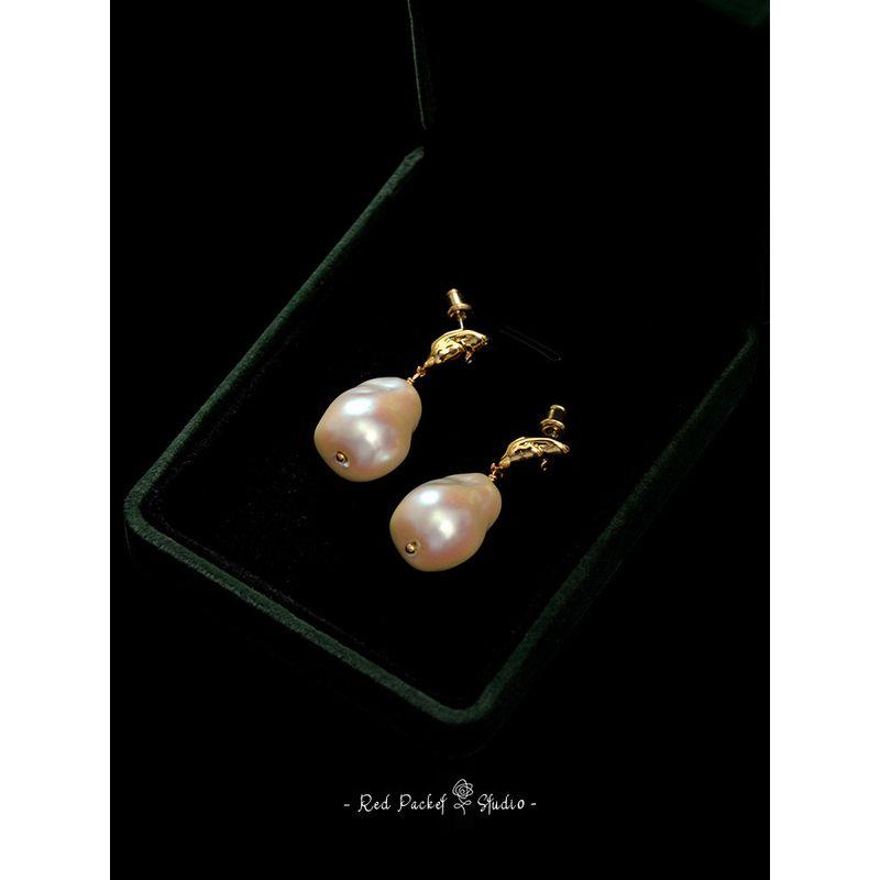 Red Pocket French style Retro High-Grade Niche Shaped Baroque Pearl Earrings S925 Silver Needle European and American Gyaru Eardrops