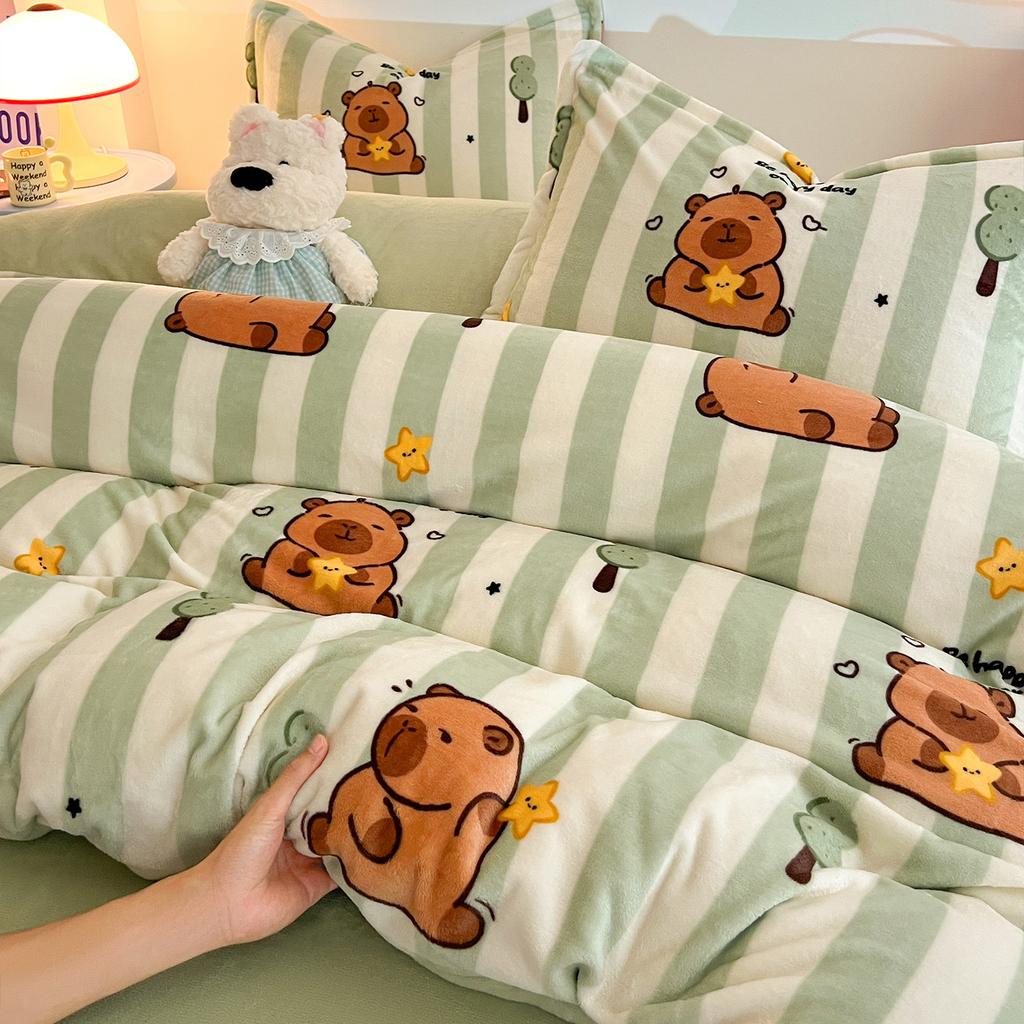 Cartoon Thickened Milk Fleece Coral Fleece Bed Four-Piece Set Fleece Flannel Quilt Cover Children'S Bed Single Three-Piece Set