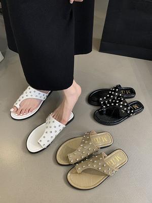 Fashion Casual Women Sandals Slippers Black White Khaki Rivet Rhinestone Design Summer Outside Flat Low Heeled 2024 New Arrivals 35-39