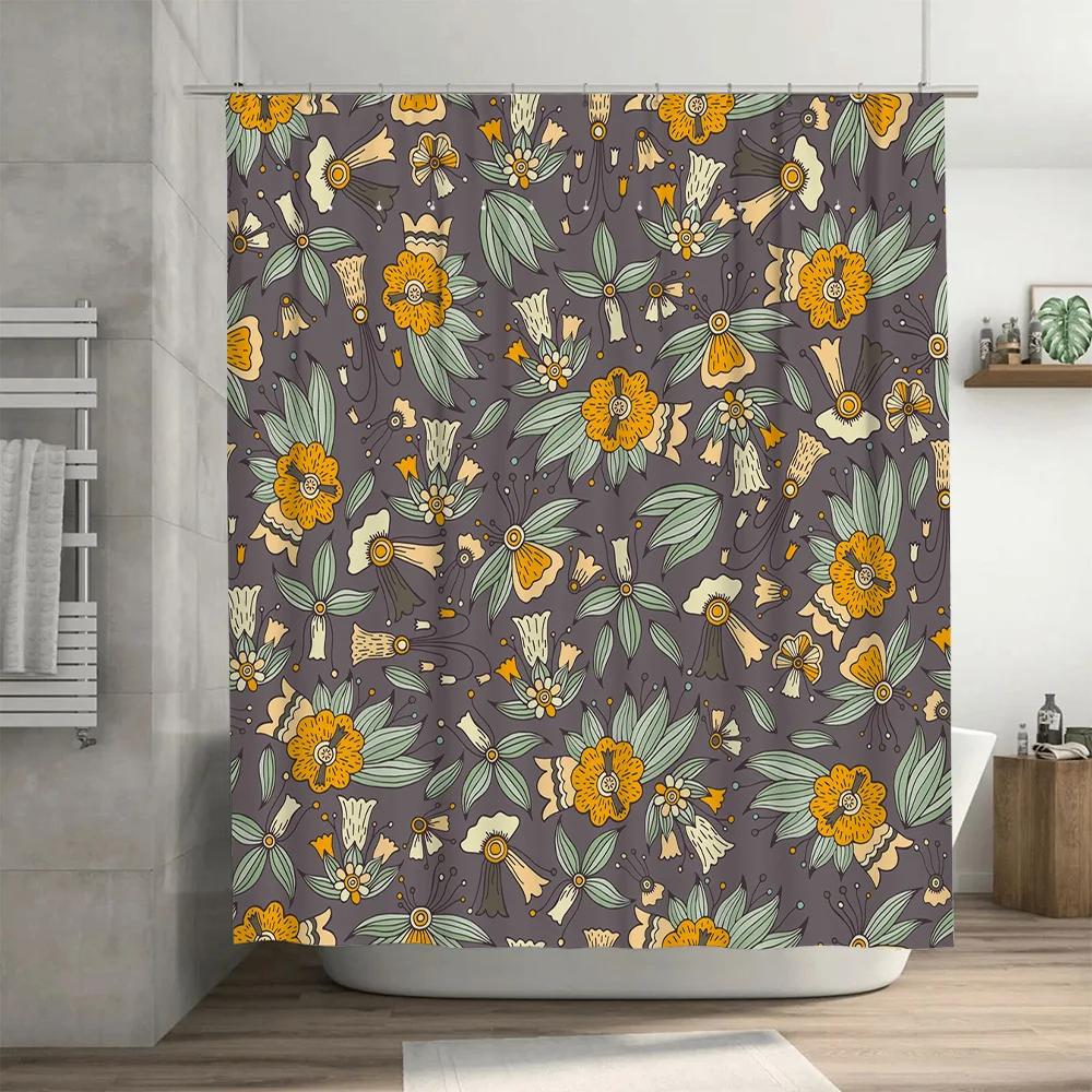 Floral Bath Shower Curtain with Buckle Waterproof Print Room Divider Privacy Decor Waterproof Fabric 180X240cm White Blue Green