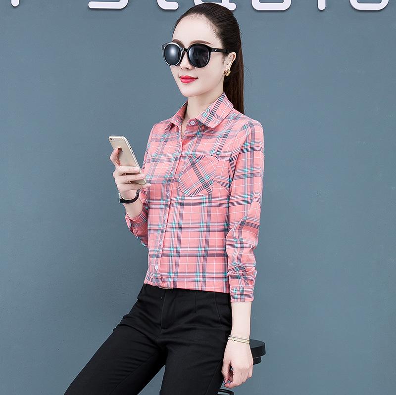 2025 Women's Korean Style Plaid Slimming Shirt - Casual Long Sleeve Print for Spring & Autumn Students