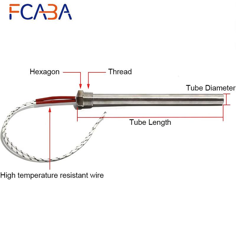 FCABA 8mm Dia 350~600mm DN8/12mm Threaded Single-head Heating Tube 110V/220V/380V 201 Stainless Steel Heating Rod with Nut