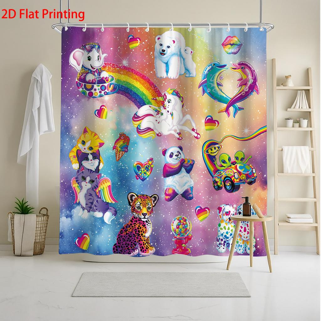 1Pc Rainbow Animal Printed Waterproof Shower Curtain Bathroom Partition Privacy Multiple Sizes 12 Hooks Easy To Install