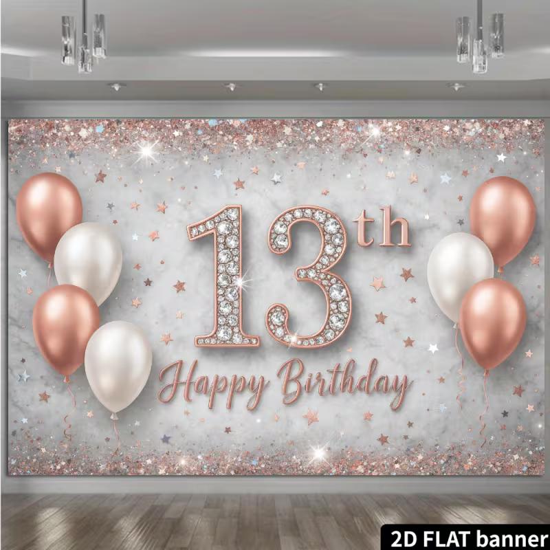 2D Diamond 13th Birthday Backdrop - Rose Gold Glitter Banner for Girls 13th Birthday Photoshoot