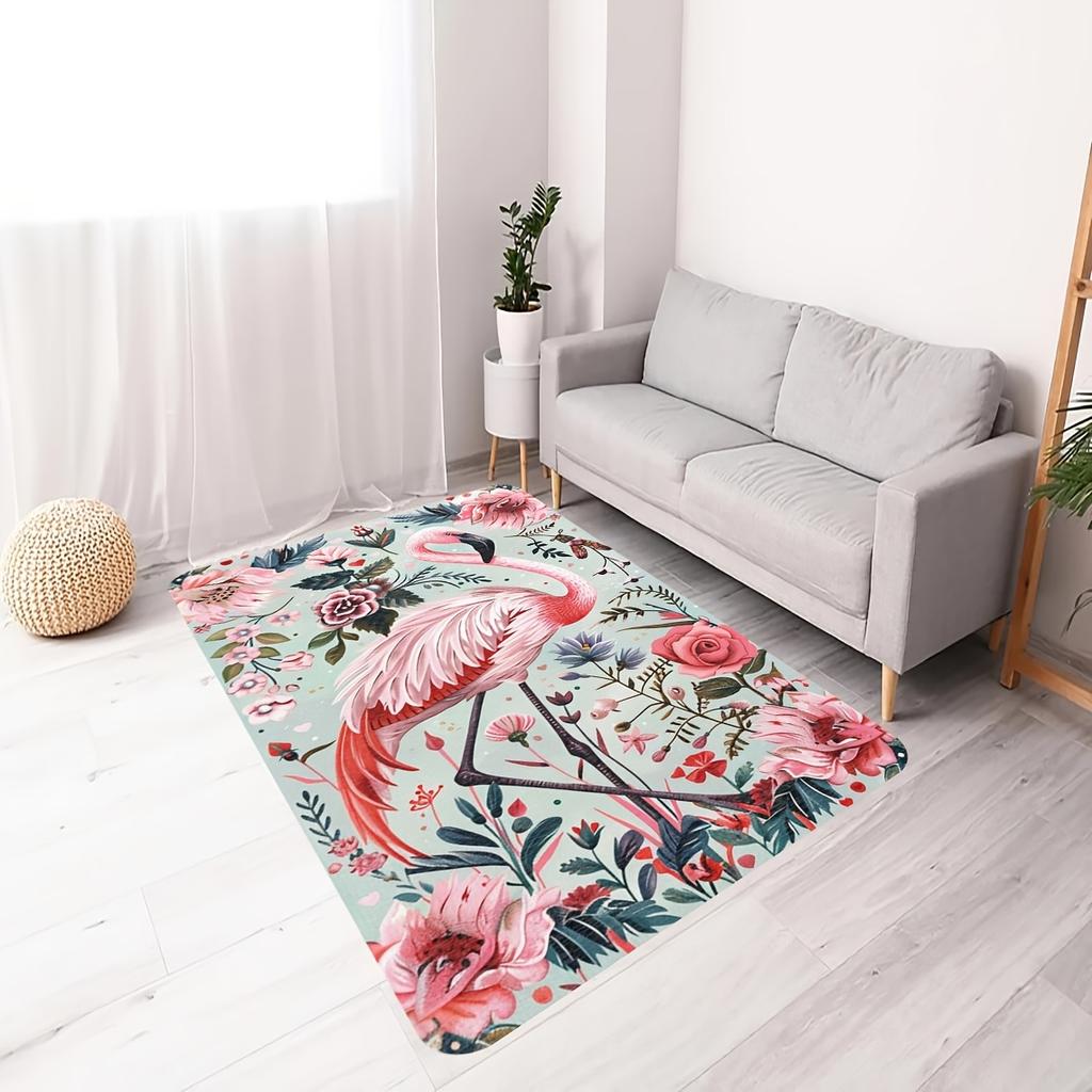 Pink flowered crane theme Flannel-printed floor mats are slip-resistant Suitable for living room bedroom terrace garden carpets