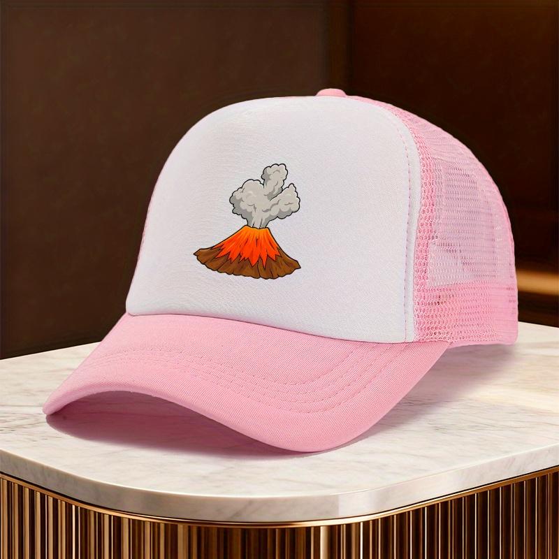 Volcano Eruption Cartoon Graphic Trucker Hat Unisex Polyester Mesh Snapback Cap for Outdoor Casual Travel