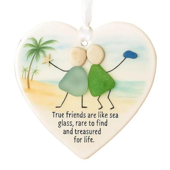 Friendship Sea Glass Christmas Ornament Round/Heart Shaped Friendship Keepsake for Best Friends Handmade Sea Glass Art Hanging Ornament